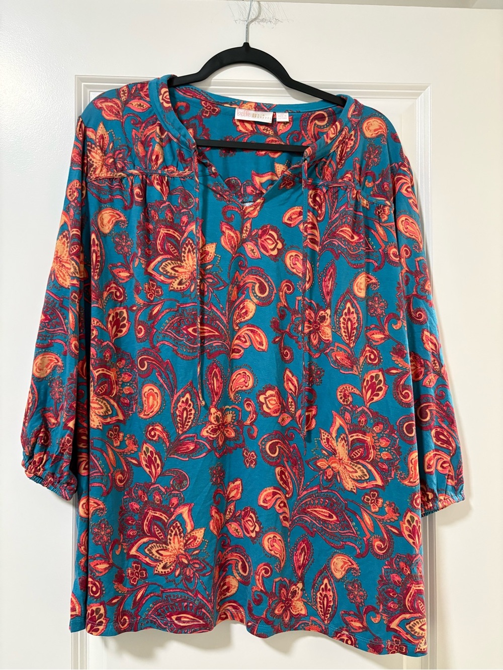 Belle by Kim Gravel Teal Paisley Tunic with Red-Orange Floral Print